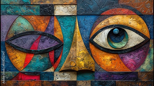 Abstract painting of a face with one eye closed and one eye open.