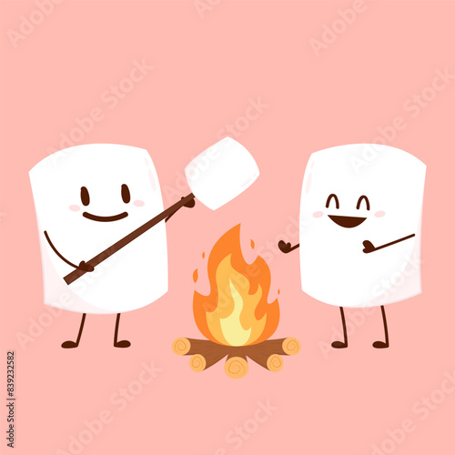 Marshmallow character. Marshmallow piece on skewer roasting on forest bonfire. bonfire vector. Marshmallow cartoon vector. 