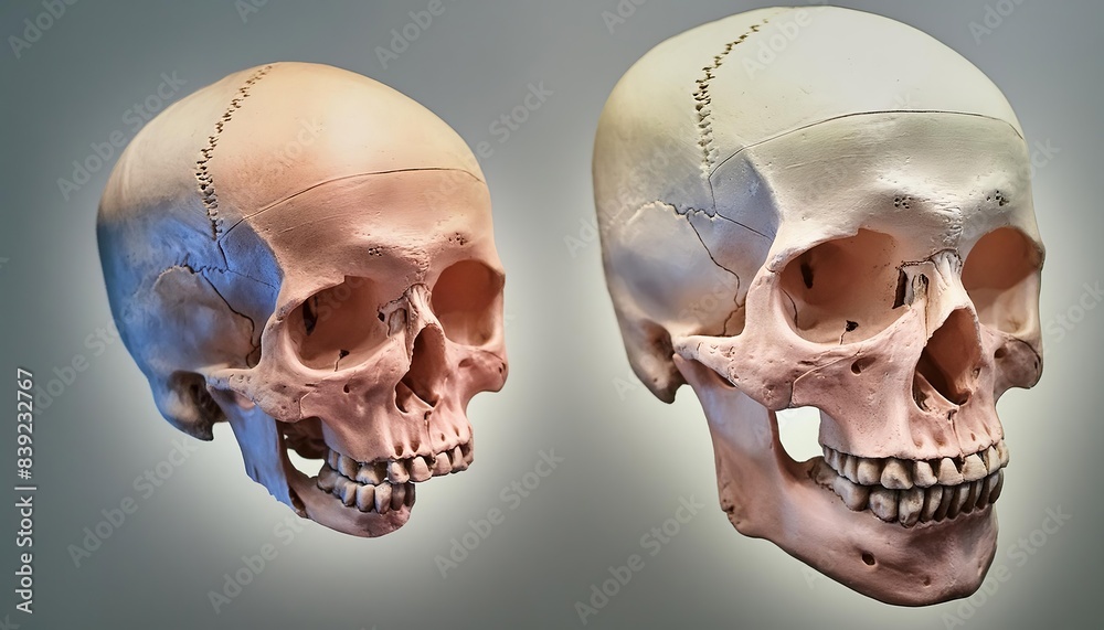 Two detailed anatomical skull models showcasing the human skull structure from different angles. The models highlight the bones, sutures, and features in a realistic and educational manner. Two detailed anatomical skull models showcasing the human skull structure from different angles. The models highlight the bones, sutures, and features in a realistic and educational manner.