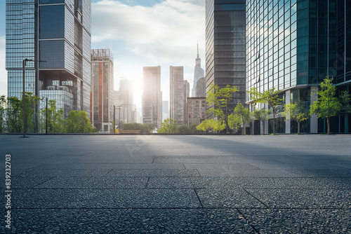 Wide asphalt roads and modern city buildings under a blue sky