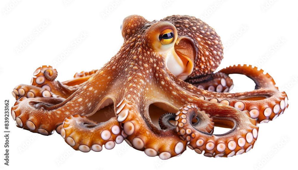 Fototapeta premium A vibrant orange octopus with detailed tentacles and expressive eyes, highlighting its unique form and texture, isolated on transparent background