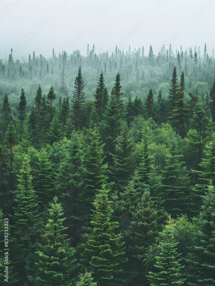 Dense green forest with pine trees stretching into the misty distance, creating a serene and tranquil natural landscape. Dense green forest with pine trees stretching into the misty distance, creating a serene and tranquil natural landscape.