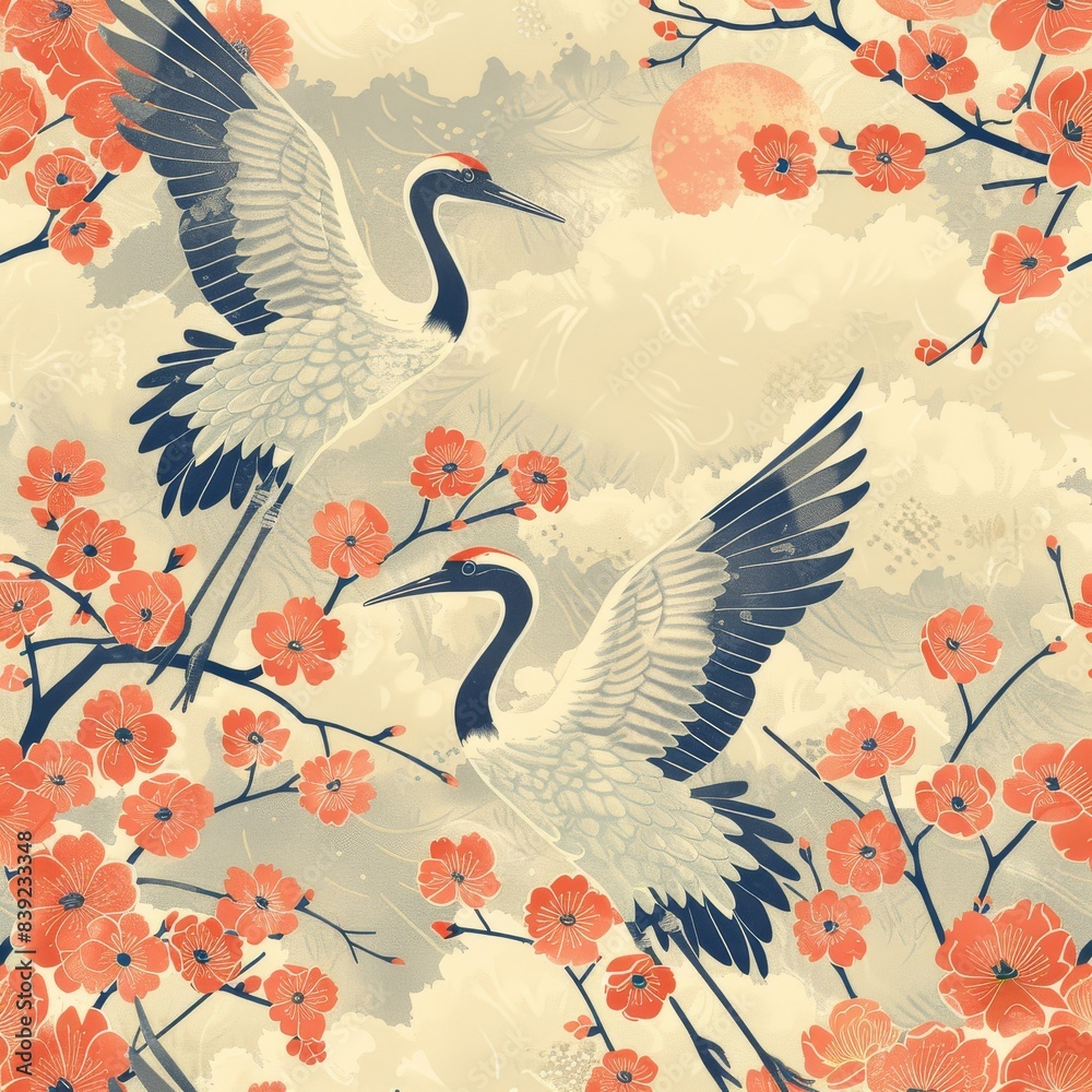 Naklejka premium Elegant Japanese-style illustration featuring cranes and cherry blossoms amidst a serene landscape with muted colors.