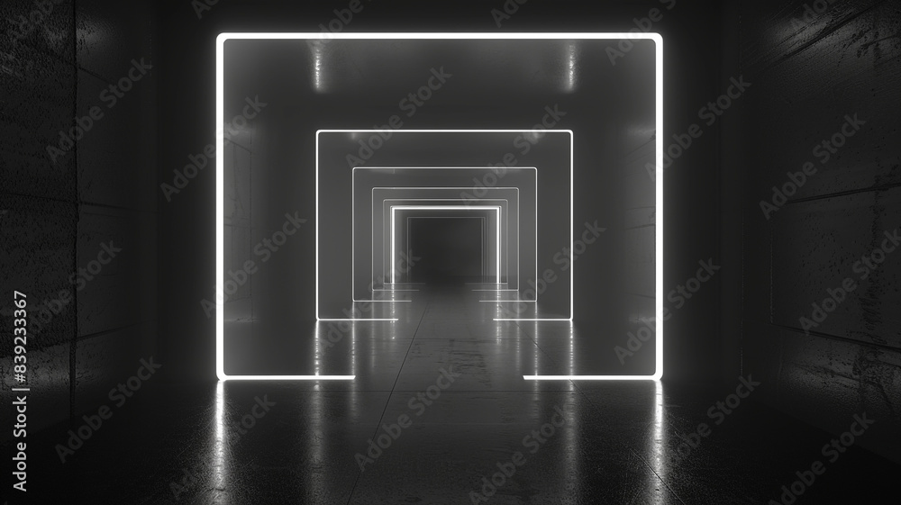 Schwarz, Neon-Weisser Flur, Tor Schwarz, Neon-Weisser Flur, Tor