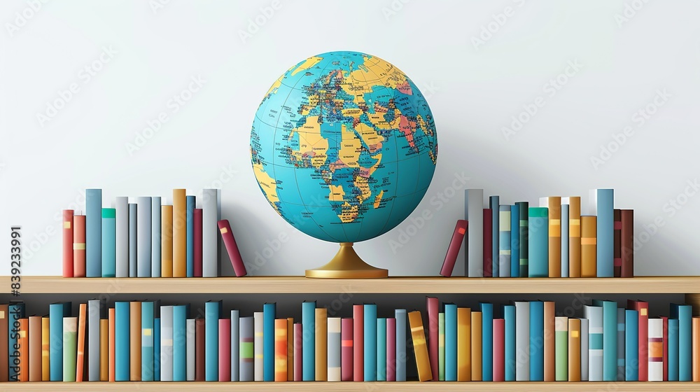 A decorative globe with a minimalist design, placed on the bookshelf as a nod to travel and exploration. Flat color illustration, shiny, Minimal and Simple, A decorative globe with a minimalist design, placed on the bookshelf as a nod to travel and exploration. Flat color illustration, shiny, Minimal and Simple,