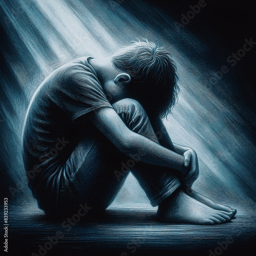 A depressed boy Sitting with his head between his knees, drawing with grain effect 