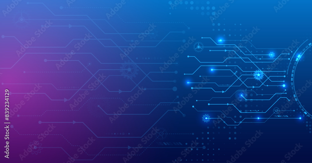 Obraz premium Science concept, circuit board and gear mechanism. Abstract hi tech communication for presentation or banner. Sci-fi blue background with various technology elements.