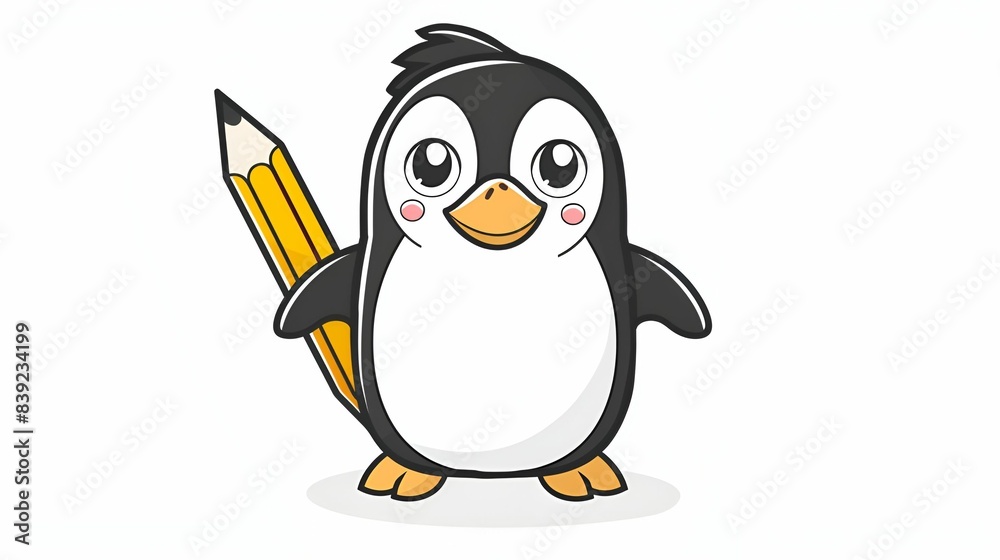 Obraz premium A cheerful cartoon penguin holding a large yellow pencil, creating a playful and artistic scene.