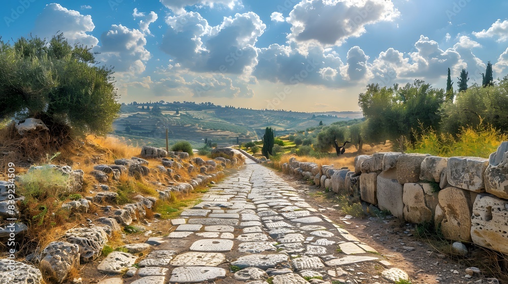 Fototapeta premium An ancient Roman road made of large cobblestones and lined with stone walls on both sides, winding through the hillsides of Jerusalem in full view.