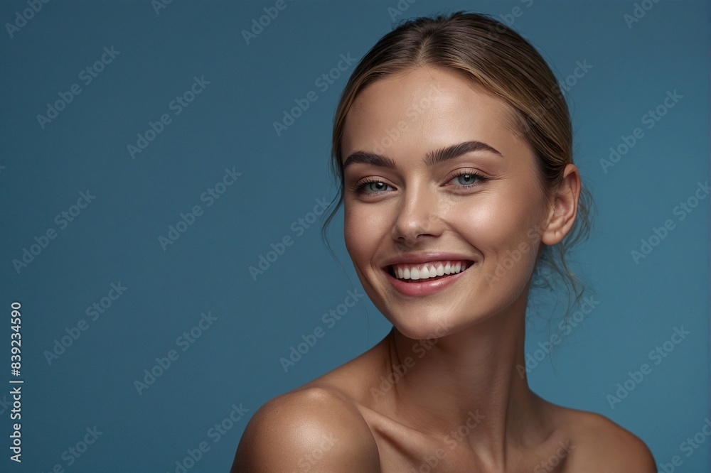 Portrait, skincare and smile of woman for beauty, shine or health isolated on blue studio background, Face, touch and model in makeup cosmetics for glow, dermatology and wellness for aesthetic in spa
