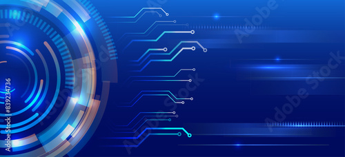 Hi-tech vector illustration with various technology elements. Abstract global sci fi concept. Digital internet communication on blue background. Wide Cyber security internet and networking concept.