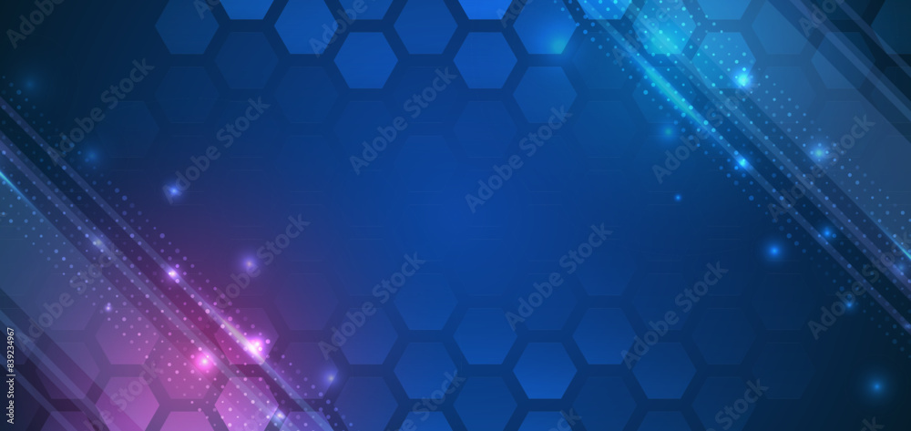 Obraz premium Abstract hexagons, futuristic concept. Data transfer and protection, internet communication on a blue background. High computer technology design. Modern science vector presentation.