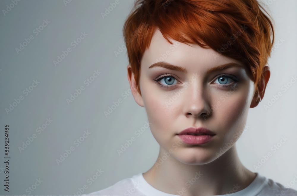 Striking Portrait of a Young Woman with Short Red Hair and Blue Eyes in ...