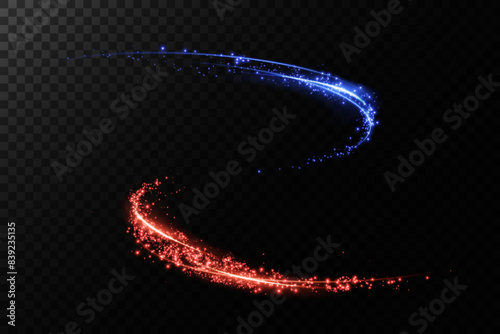 Abstract light lines of motion and speed with blue and red color, sparks. Light everyday glowing effect. semicircular wave, curve light track swirl, car headlights, incandescent optical fiber.	