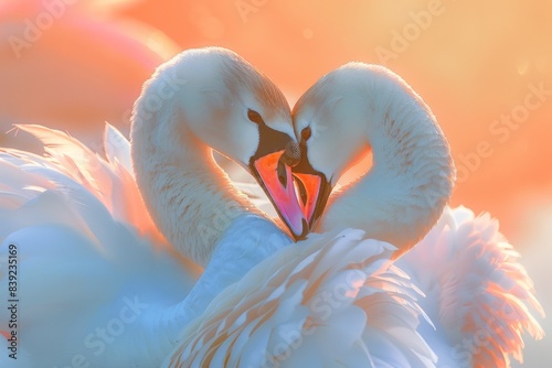 close up 2 swans with thier necks curled around each other, colourful feathery wings fluffed up sunset tinted background 