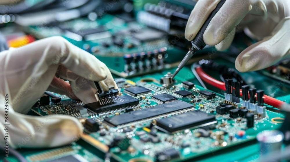 A close-up of workers assembling electronic components in a high-tech factory, showcasing global supply chain integration