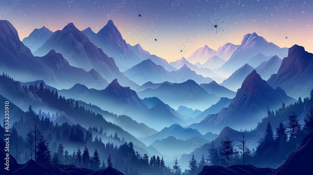 A majestic mountain range with mist rolling through, with faint outlines of electrons and protons floating in the air, suggesting a fusion of natural grandeur and atomic particles. Flat color A majestic mountain range with mist rolling through, with faint outlines of electrons and protons floating in the air, suggesting a fusion of natural grandeur and atomic particles. Flat color