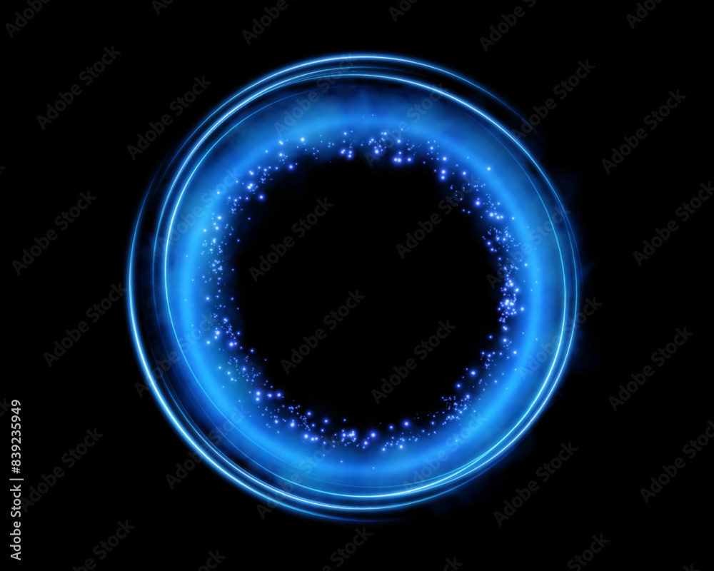 Obraz premium Magic portals on the night scene. Blue round holograms with rays of light and sparkles. Glowing futuristic teleport tunnel with copy space on black background. 