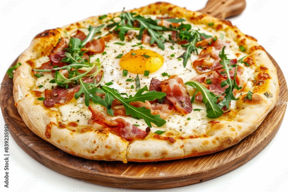 Pizza Carbonara with Bacon, Cheese, Rucola, Tomato Sauce, Mozzarella and Raw Egg Yolk Isolated Pizza Carbonara with Bacon, Cheese, Rucola, Tomato Sauce, Mozzarella and Raw Egg Yolk Isolated