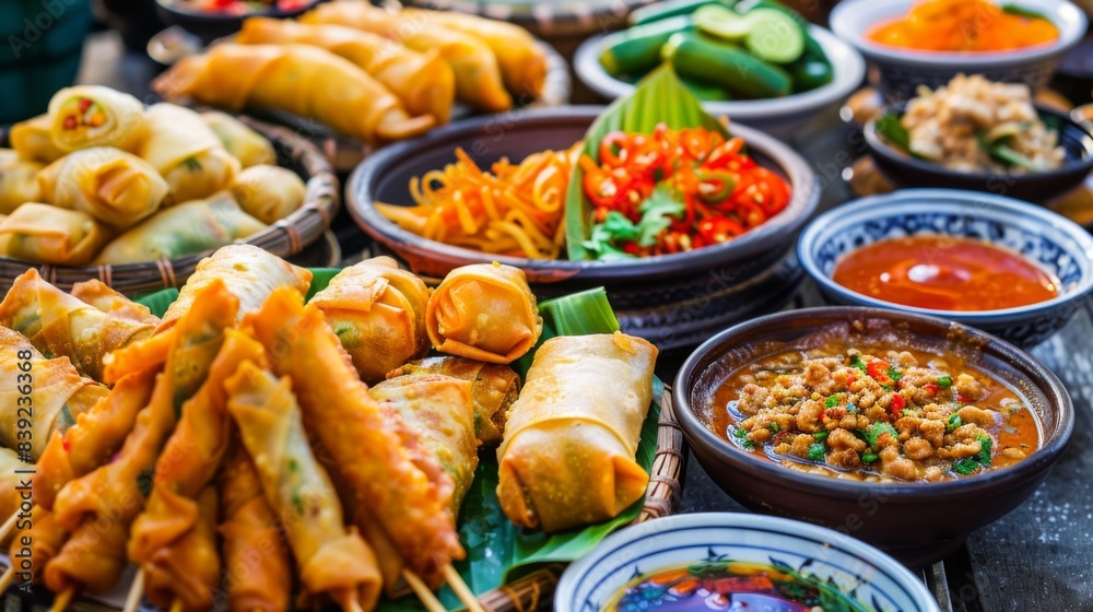 A colorful array of Thai street food snacks like spring rolls, chicken satay, and crispy fried wontons, served with dipping sauces