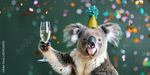 Fototapeta Naklejka Na Ścianę i Meble -  Happy Birthday, carnival, New Year's eve, sylvester or other festive celebration, funny animals card - Cute koala bear with party hat and champagne glass, isolated on green background with confetti