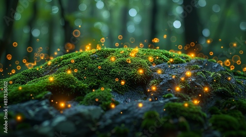A close-up of a moss-covered rock in a forest, where tiny, luminescent particles dance around, blending the textures of nature with the mysteries of atomic structures. Flat color illustration, shiny,