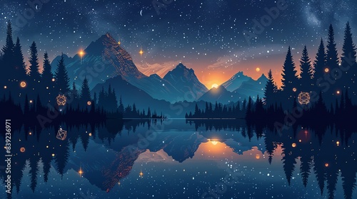 A tranquil mountain lake surrounded by pine trees, with faint, glowing orbs representing atomic particles subtly integrated into the scenery, illustrating the harmony between nature and science. Flat photo