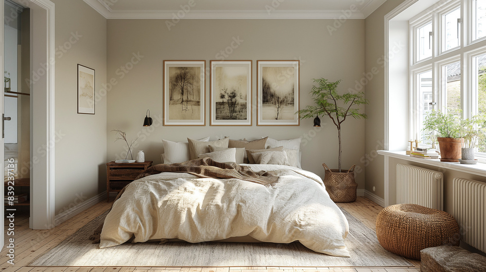 Comfortable bed  in light room interior