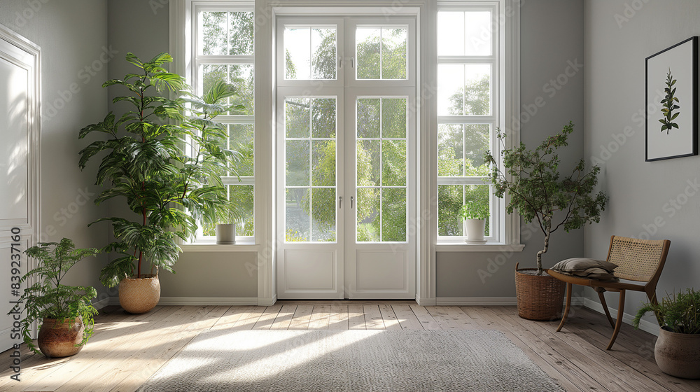 Fototapeta premium White empty room with summer landscape in window. Scandinavian interior design