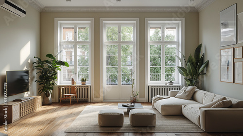 Minimalist living room in white color with sofa and summer landscape in window. Scandinavian interior design. © Cristina