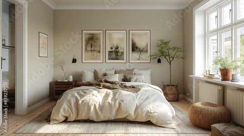 Comfortable bed  in light room interior