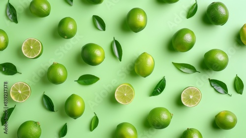 Limes pattern on light green background, top view, copy space, pop art design, photorealistic, whimsical, composite, bright and lively