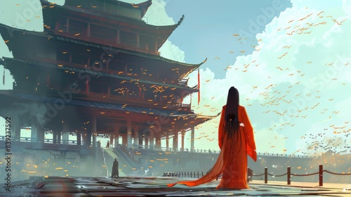 one ancient Chinese beauty, exquisite features, long blace hair, gorgeous hanfu clothing, full body, ancient building, clean sky, illustration style, long shot, 8k  photo