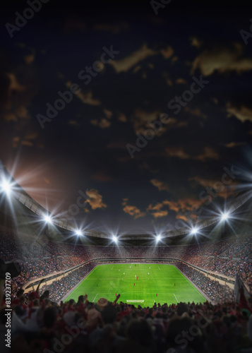 epic soccer game in the stadium ans fans in background. 3D Illustation. Poster. © Igor Link