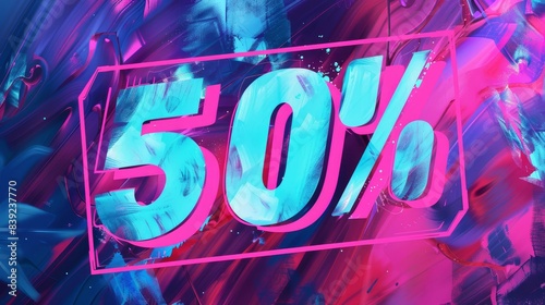 Retro digital art sale banner text 50% off neon colors white isolated close up dynamic overlay minimalistic background