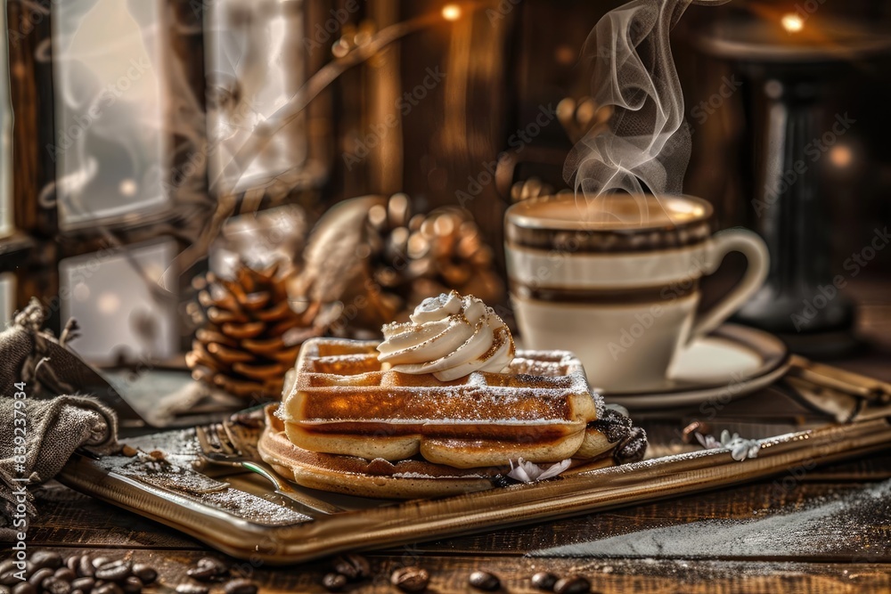 Cozy setting with steaming coffee and waffles topped with whipped cream, perfect for a warm, inviting breakfast scene.