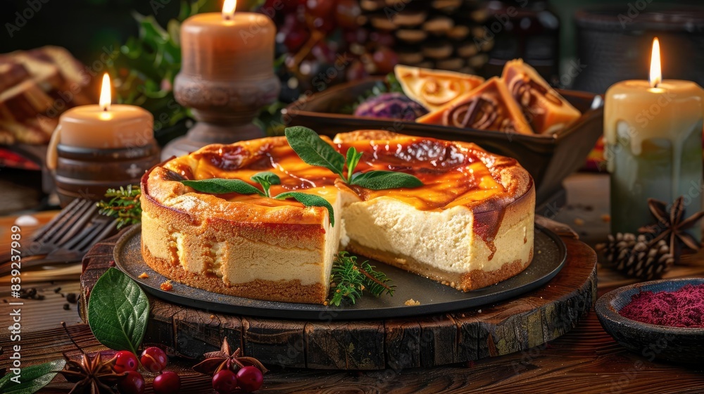 Delicious homemade cheesecake with fresh garnish served in a cozy, candlelit setting. Perfect for desserts and festive occasions. Delicious homemade cheesecake with fresh garnish served in a cozy, candlelit setting. Perfect for desserts and festive occasions.