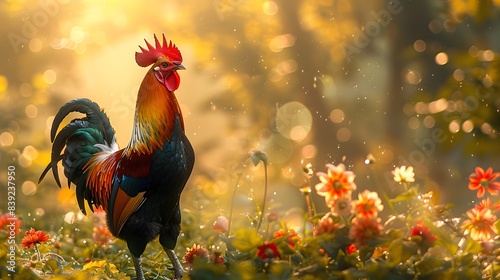 A vibrant rooster crows in the morning, standing on lush green grass with blooming flowers and trees against a backdrop of golden sunlight filtering through the leaves, nature's beauty. © horizon