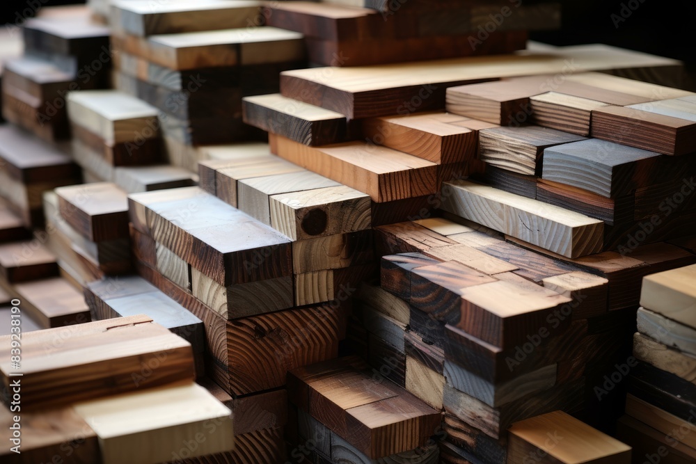 Towering Stacks of wooden industrial boards. Storage of stacked wood oak planks. Generate ai Towering Stacks of wooden industrial boards. Storage of stacked wood oak planks. Generate ai
