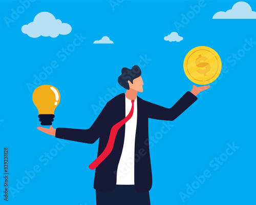 Businessman holding lamp and dollar coin. Flat design vector concept illustration. businessman holding in his hand which is an idea and money. Good profit. Vector clipart. Icon set.