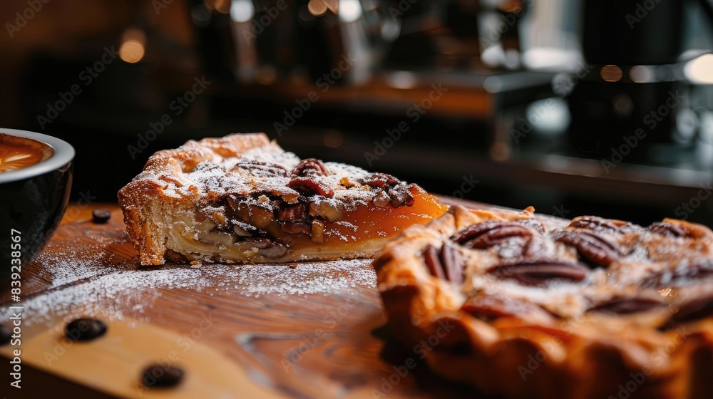 Close-up of a delicious pecan pie slice dusted with powdered sugar, displayed on a wooden surface in a cozy cafe setting.