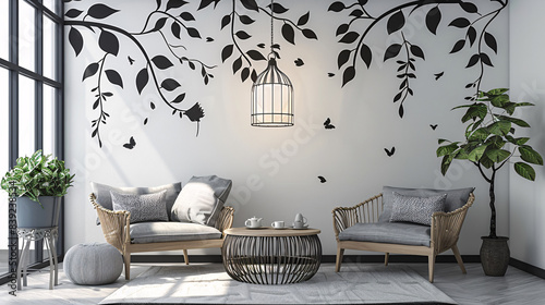 Minimalist black and white wall art with bird cage and leaf designs