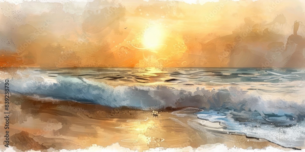 Fototapeta premium Serene Ocean Scene in Watercolor