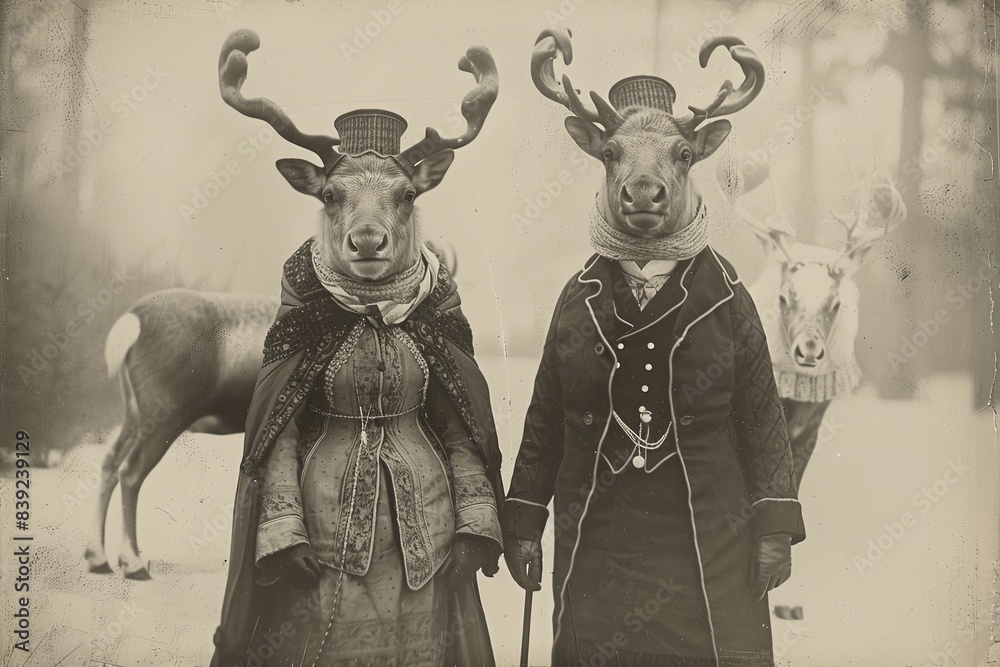 Fototapeta premium Funny retro photograph of reindeer family dressed in victorian era clothing, sepia tones
