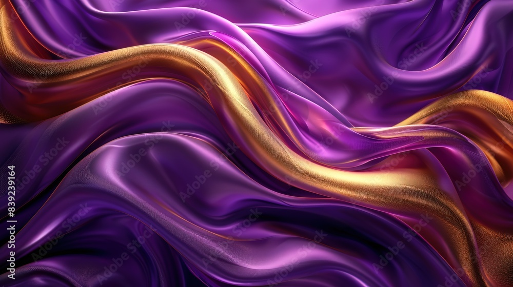 Fototapeta premium Abstract Background with 3D Wave Bright Gold and Purple Gradient Silk Fabric
