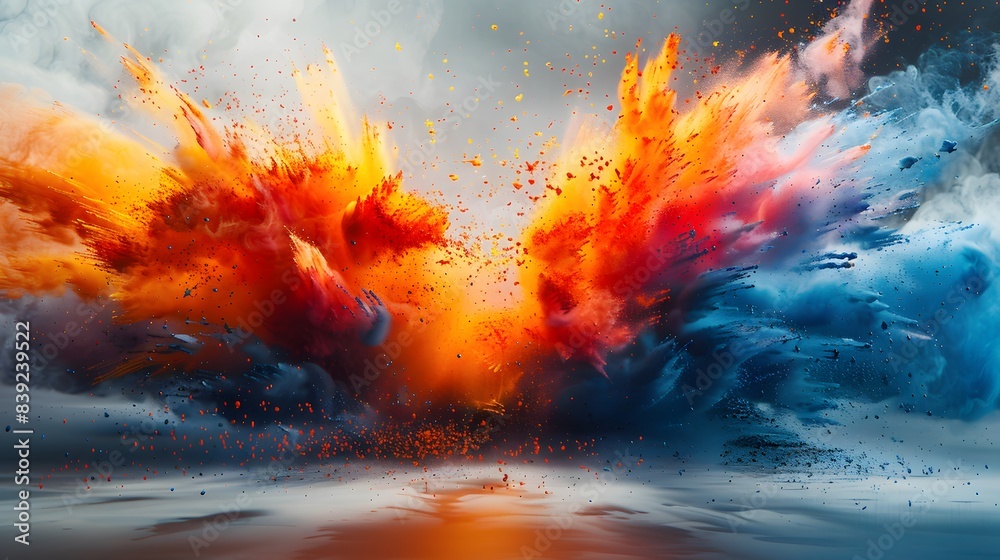 Chaotic burst of colorful dust particles erupting in a dynamic explosion against a clean white surface, creating a visually striking abstract composition, Generative AI Chaotic burst of colorful dust particles erupting in a dynamic explosion against a clean white surface, creating a visually striking abstract composition, Generative AI