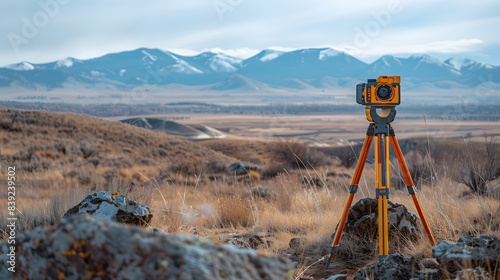 A yellow and orange total station on a tripod is placed in the middle of an open field, with mountains visible far away. The background has brown grasses and rocks, creating a natural landscape.