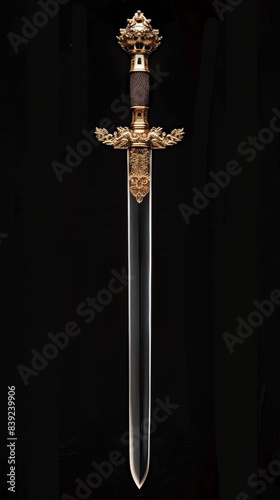 A sparkling ancient Chinese sword, incredibly sharp with strong mirror reflection, front facing, black background, outstanding photography, realistic photos, high-definition resolution 