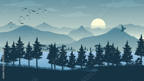 Silhouette forest landscape tropical forest trees at sundown mountains landscape,