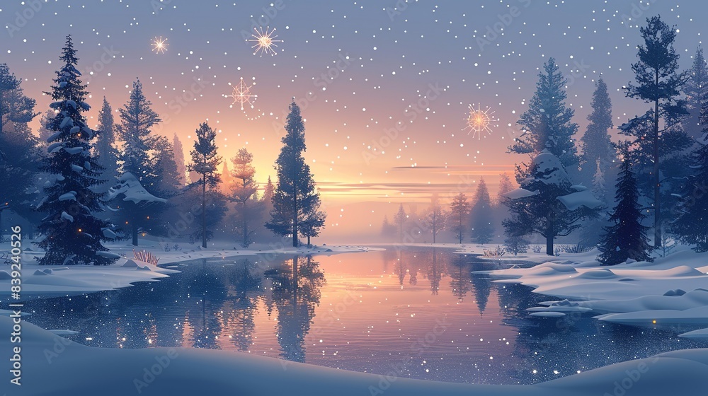 Fototapeta premium A serene winter landscape with snow-covered trees and a calm river, enhanced with faint, glowing atomic particles, blending the cold beauty of nature with the warmth of scientific wonder. Flat color